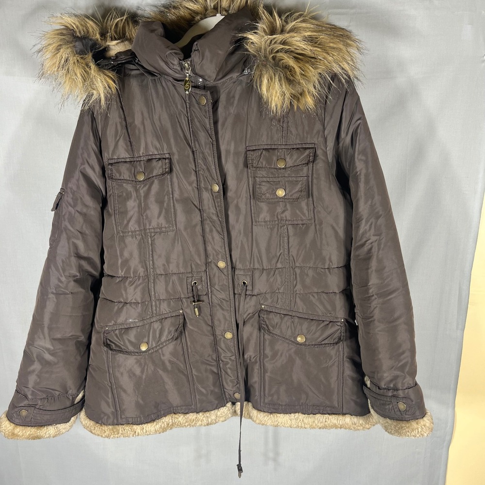 Esprit Puffer Parka Faux Fur Hood Jacket Womens Large Brown